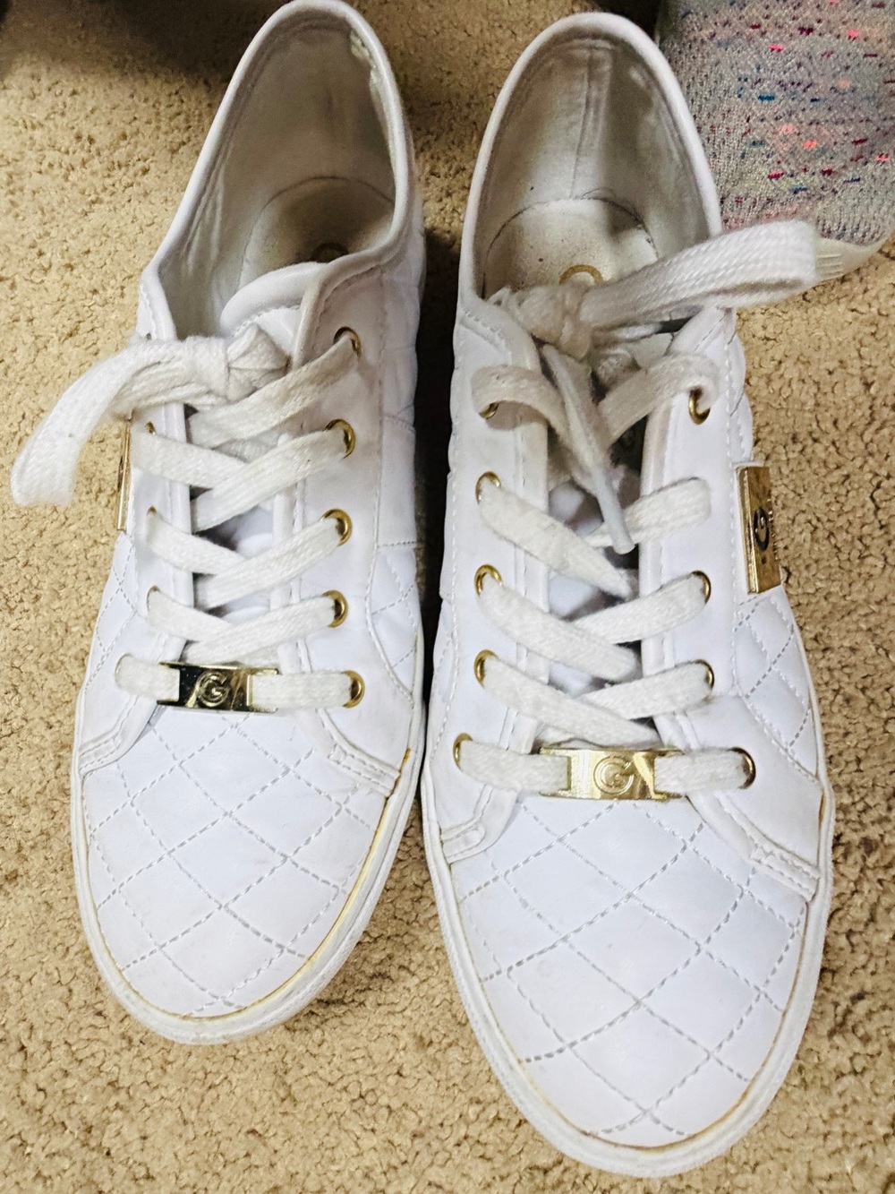 Women's White Quilted Sneakers with Gold Accents